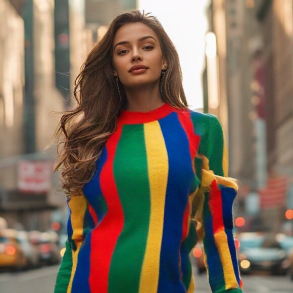 Hand Knit Custom Design Heavy Cable Multi Stripe Turtle Neck Sweater Dre… - Picture 3 of 7